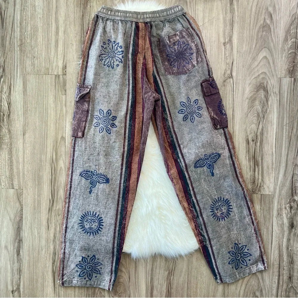 Cotton bohemian hippie sun & mandala cargo pants size small/medium - Picture 6 of 7